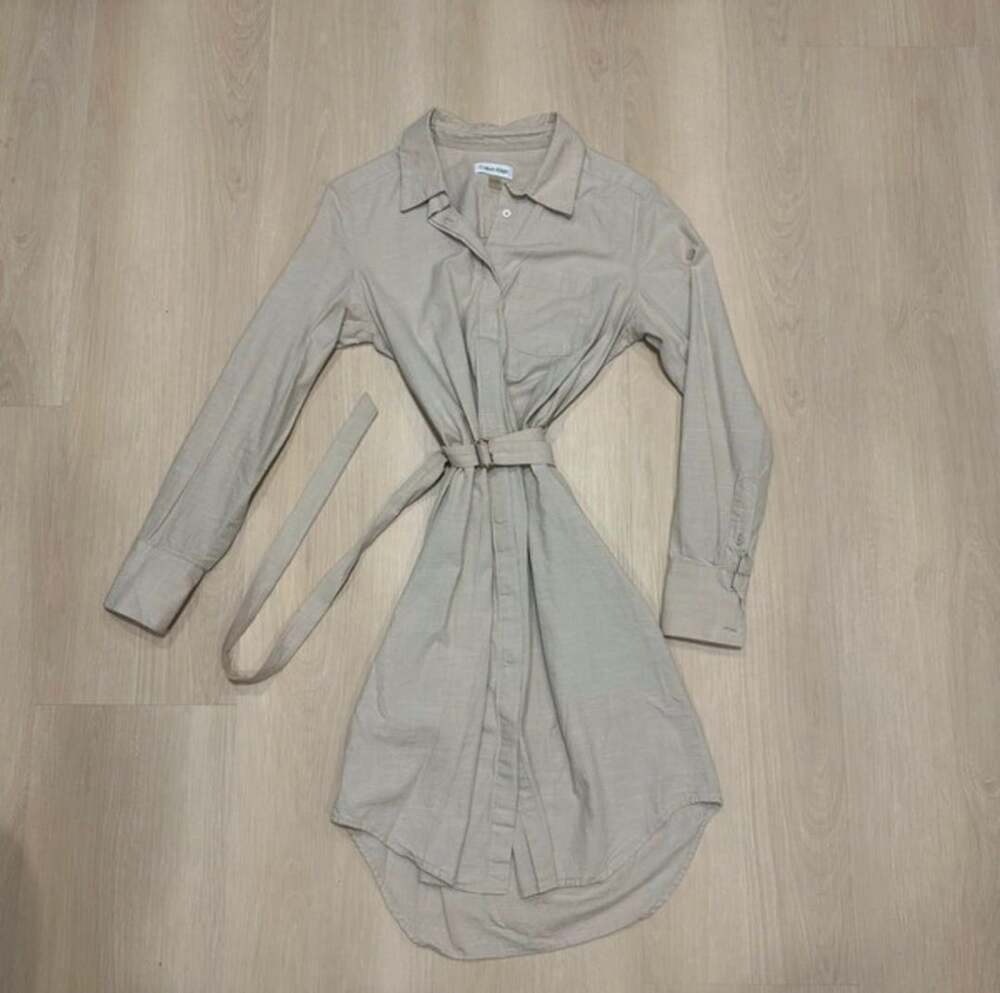 Calvin Klein Belted Shirt Dress Size 4 Beige Long Sleeve Button Down
